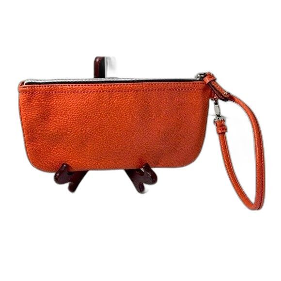 Nine West Faux Leather Orange Zip Clutch Wristlet Silver Cheetah Lining - Picture 2 of 4